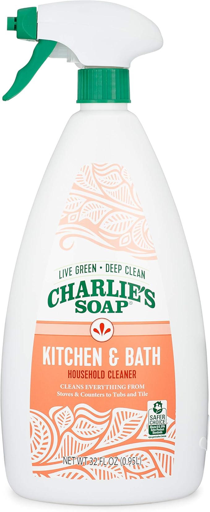 Charlie's Soap Kitchen & Bath Household Cleaner Spray (32 Fl. Oz., 1 Pack) Biodegradable Natural Kitchen and Bathroom Multi-Surface Cleaner