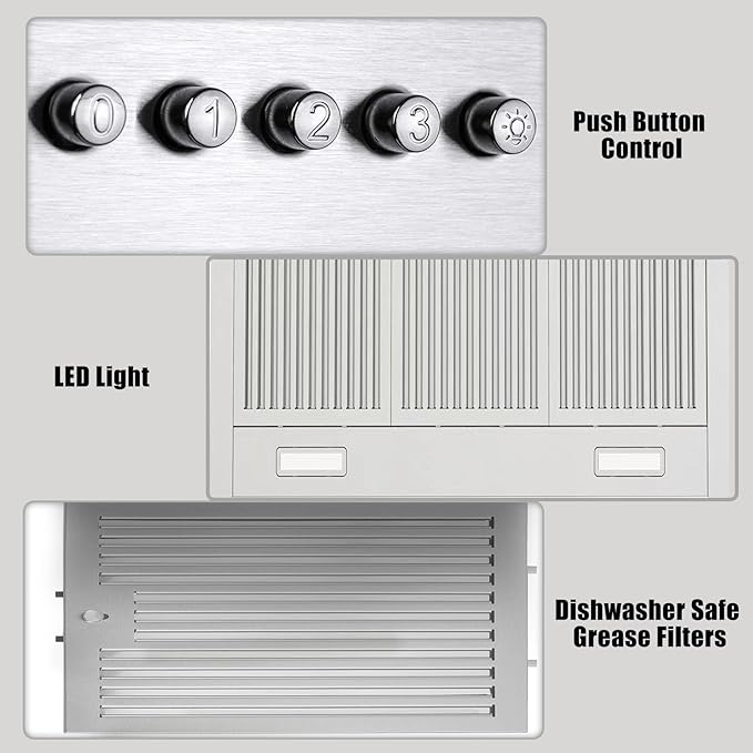 36 inch Range Hood, Wall Mounted Vent Hood in Stainless Steel, Ducted/Ductless Kitchen Hood w/Push Button Control, 3 Speed Exhaust Fan, 3 Pcs Baffle Filters, Energy Saving LED Light