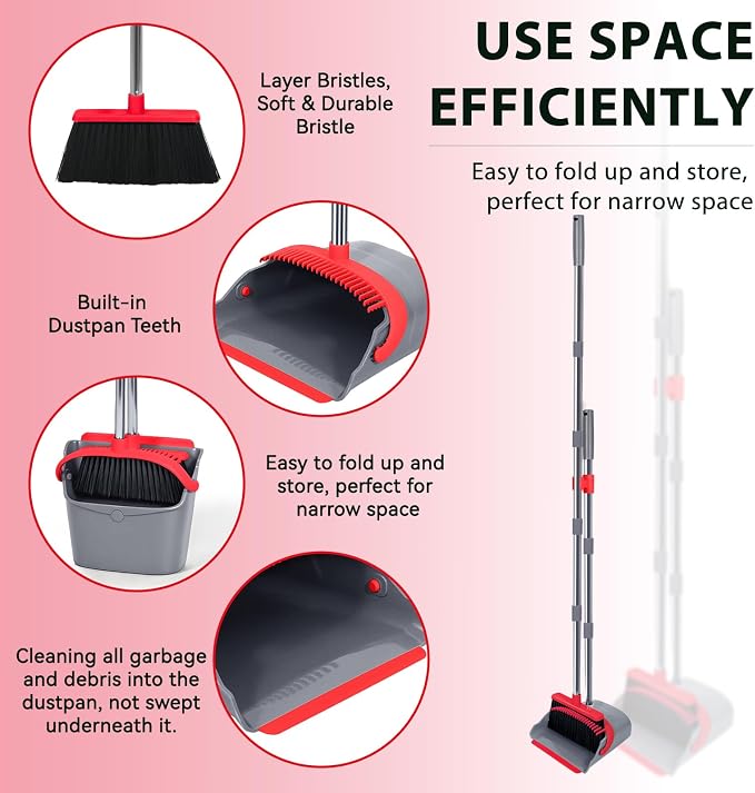 YZO Broom and Dustpan Set, 50.6-Inch Long Handle Standing Design, Dustpan Front Rubber Tight Seal, Broom with 5-Layer Bristles, Suitable for Living Room, Bedroom, Yard, Office and Apartment(Gray&Red)