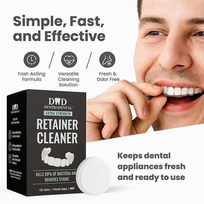 Retainer Cleaner Tablets - 4 Month Supply (120 Tablets) - Clean Retainers, Mouth Guards, Dentures - Removes Odor & Plaque (120 Pcs)