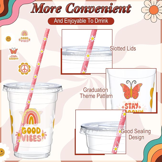 Blushtier 300 Pcs Groovy Disposable Plastic Cups with Lids and Straws 12oz Groovy Party Favors Supplies Boho Retro Hippie Clear Drinking Cups for Party