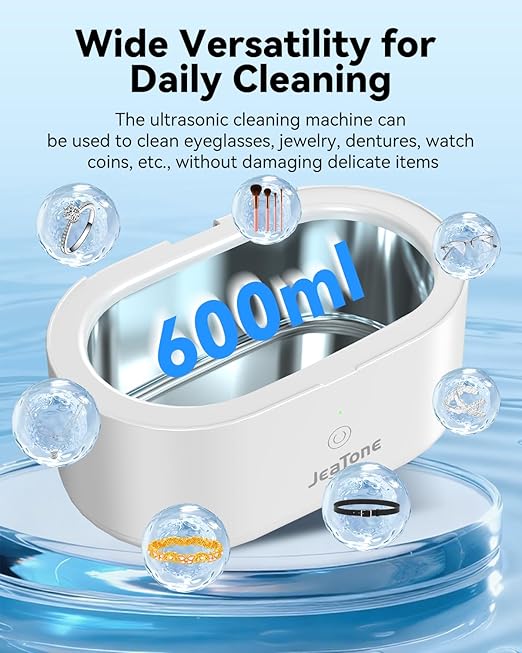 JeaTone Ultrasonic Jewelry Cleaner, 46KHz Professional Ultrasonic Cleaning Machine for Rings, Eyeglasses, Retainers, Dentures & Watches, 20oz Stainless Steel Sonic Cleaner Pod (White)