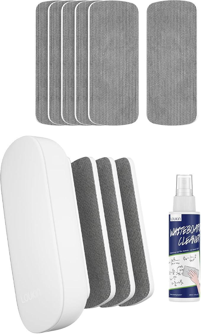 LOUKIN Whiteboard Accessories Bundle | Replaceable Magnetic Dry Erase Eraser (White) & Whiteboard Cleaner (3.4 fl oz) & Magnetic and Adhesive Marker Holder (White)
