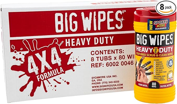 BIG WIPES Heavy Duty Industrial Hand Cleaning Wipes, Textured Scrubbing Degreaser Wipes for Mechanics and Tool Cleaner – 80 Count Canister (8 Pack)