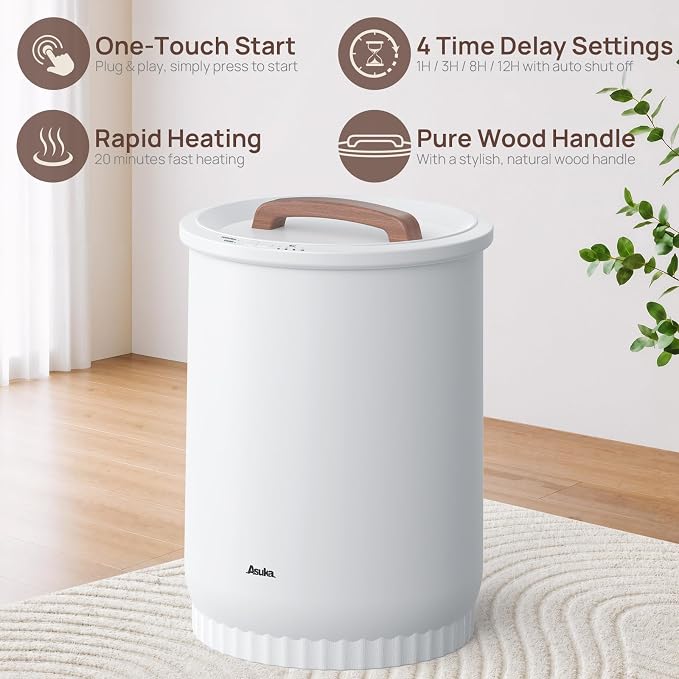Asuka Towel Warmer, Large Towel Warmer for Bathroom with Wood Handle, 4 Delay Settings&Auto Shut Off, Towel Warmer Bucket Fits Two 40"X70" Oversized Towels, Bathrobes, Blankets, PJ's and More, White