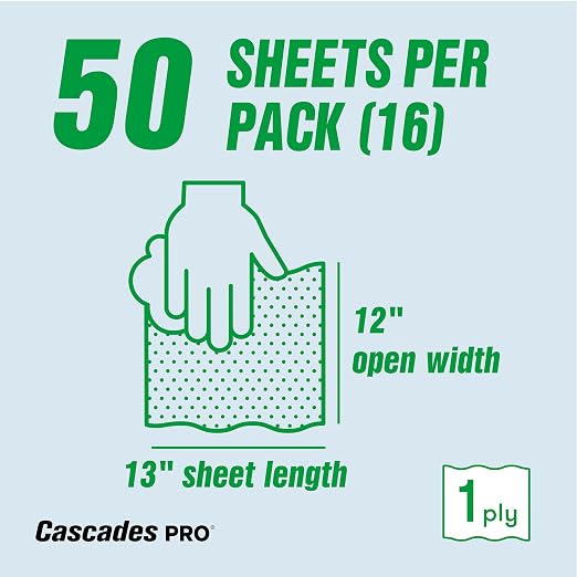 Cascades PRO Tuff-Job Wipers – 800 Sheets Airlaid 1-Ply Disposable Wipes – Highly Absorbent for Industrial, Automotive, and Janitorial Cleaning – 50 Sheets/Pack, 16 Packs/Box – W300 – White