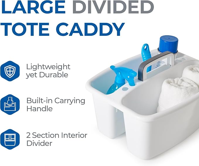 Gracious Living Storage Caddy, 2-Compartment Portable Plastic Tote with Handle for Cleaning Supplies, Craft Organization, & Makeup, White/Gray