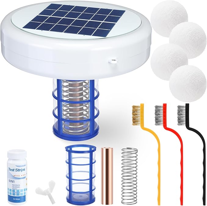 Qualirey Solar Pool Ionizer Automatic Floating Pool Cleaner, Water Ionizer with 4 Pcs Scum Collection Ball, for Above Ground and Inground Pools, up to 35, 000 Gallons(White,7.9 Inch)