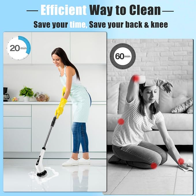 Electric Spin Scrubber for Cleaning Bathroom: Granvell Shower Cleaner Brush with 7 Replaceable Heads & Long Handle, Cordless Power Scrub Tools for Bath Tub Floor Tile
