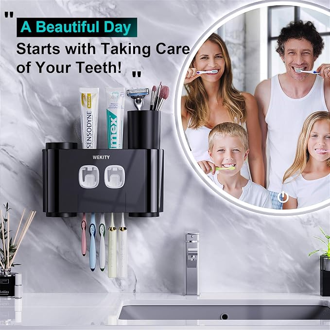 2 Toothbrush Holders Wall Mounted, Multi-Functional Toothbrush Holder,Toothpaste Dispenser for Bathroom with 5 Toothbrush Slots, 2 Toothpaste Squeezers and 4 Cups