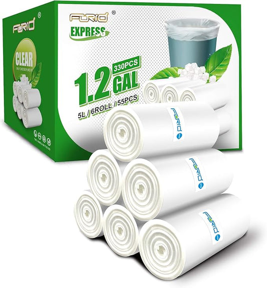 FORID Small Clear Trash Bags 1.2 Gallon Tiny Garbage Bags, 330 Count Wastebasket Bin Liners for Bathroom Bedroom Office Garbage Can 5 Liters - Durable & Thick Trash Bag