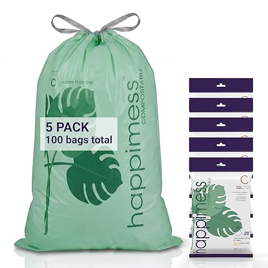 happimess 13.2 Gallon (50L) Drawstring Trash Bags, Unscented, Green, Liners for Kitchen and Household, Custom Fit 100 Count (5 Packs of 20 Liners) HPM3000C-G-5SET