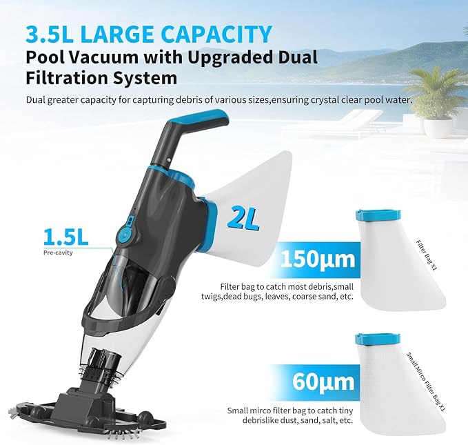 2026 Upgraded Pool Vacuum,Pool Vacuum for Above Ground Pool,Cordless Handheld Pool Vacuum for Inground Pools,Pool Cleaner with 18.5 GPM Suction,Hot Tub Vacuum With Aluminum Pole for Sand&Debris
