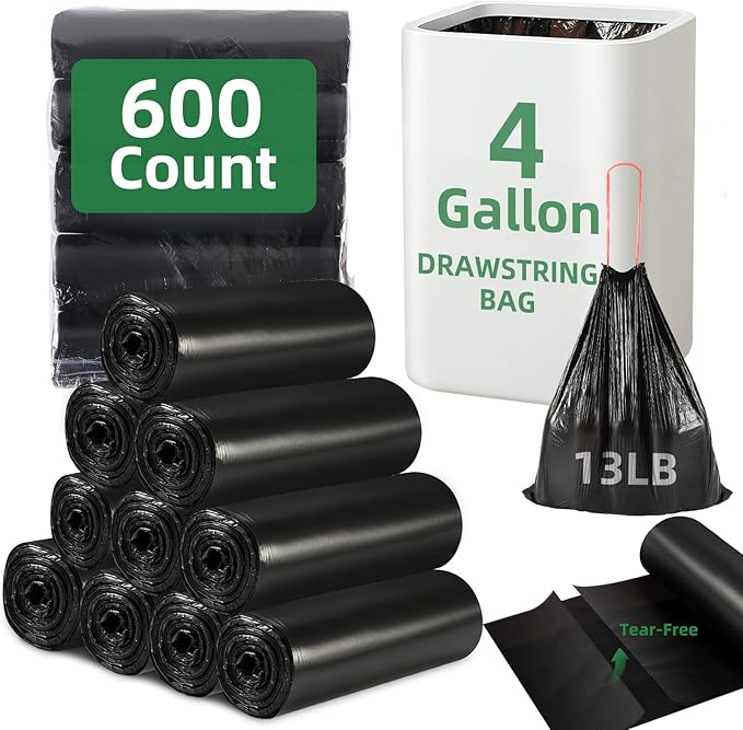 600 Counts 4 Gallon Trash Bag Drawstring Small Trash Bags, Thick Pre-separated Garbage Bags, Trash Bin Liners, Suitable for bathroom, kitchen, bedroom, office (Black)