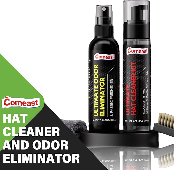 Hat Cleaner Kit,Ready-To-Use Foam,Quick Drying for Cleaning Baseball Caps of All Materials Cotton,Wool,Leather,Felt and More Cleans 50+ Hats (Cleaner 6.76oz+Deodorizer 6.76oz,Towel,Brush)