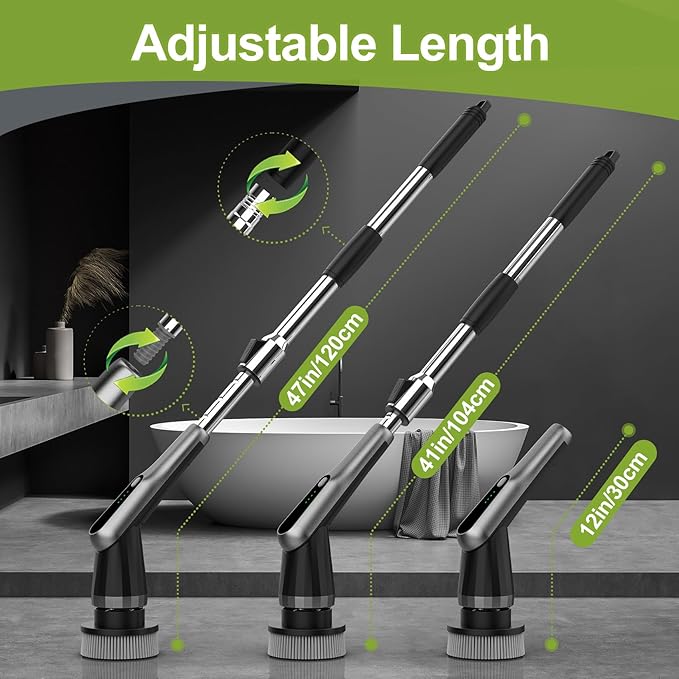 Electric Spin Scrubber, Cordless IPX7 Waterproof, Dual Speed Shower Scrubber with Adjustable Long Handle, 7 Replaceable Brush Heads for Bathroom, Bathtub, Tile Floor, Toilet, Kitchen & Car