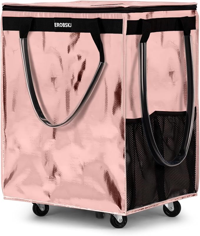 (Large,Rose Gold) Reusable Grocery Bag on Wheels, Foldable Rolling Tote, 90L Shopping Trolley, Zipper Clouser Shopping Carts for Groceries Laundry,Storage,Moving, 5 Heavy Duty Wheels
