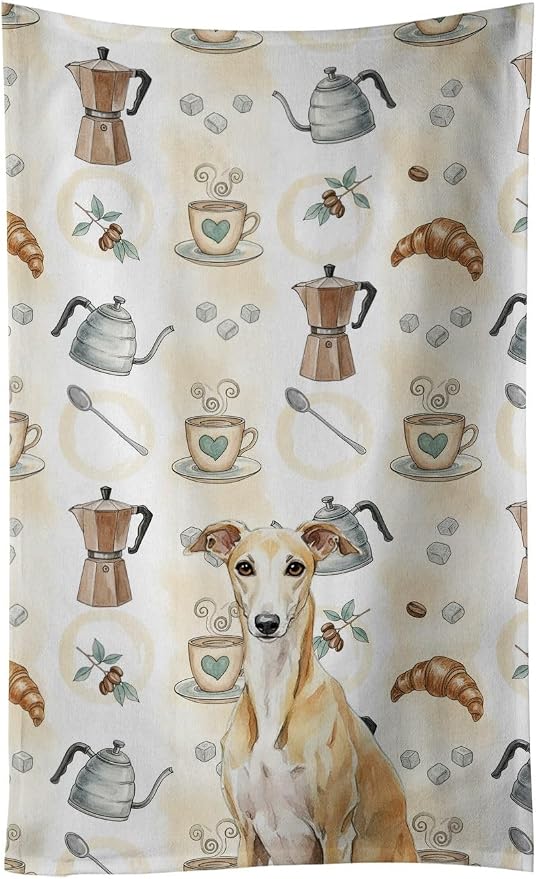 Caroline's Treasures Fawn Whippet Coffee Bar Kitchen Towel Velour Plush Front and Cotton Loop Back Machine Washable