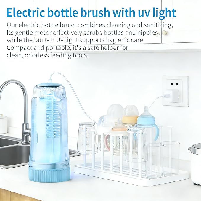 Portable Electric Silicone Bottle Brush Set, 7-in-1 UV Light USB Charging, Nipple/Straw Cleaner, Milk Mixer, Built-in Drying Rack & Storage Case, BPA-Free, IPX7, On-the-Go for New Parents (Sky)