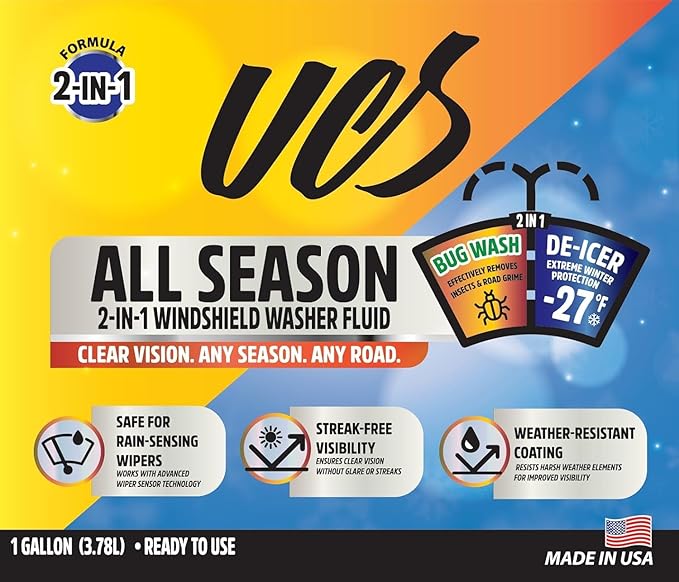 UCS All-Season Windshield Washer Fluid -27F Winter Protection – 2-in-1 Bug Remover – Streak-Free Formula – 2 Pack (2 Gallons Total)