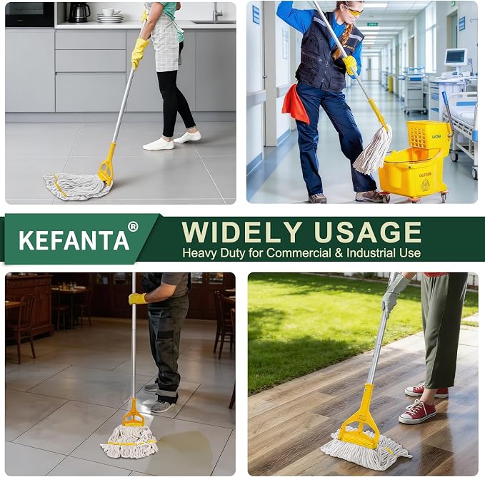 KeFanta Commercial Mop Heavy Duty Industrial Wet Mops,Looped-End String Cotton Mop Replacement Head with 59" Long Handle,for Home,Kitchen,Garage,Office,Workshop,Warehouse Floor Cleaning(2 Pack)