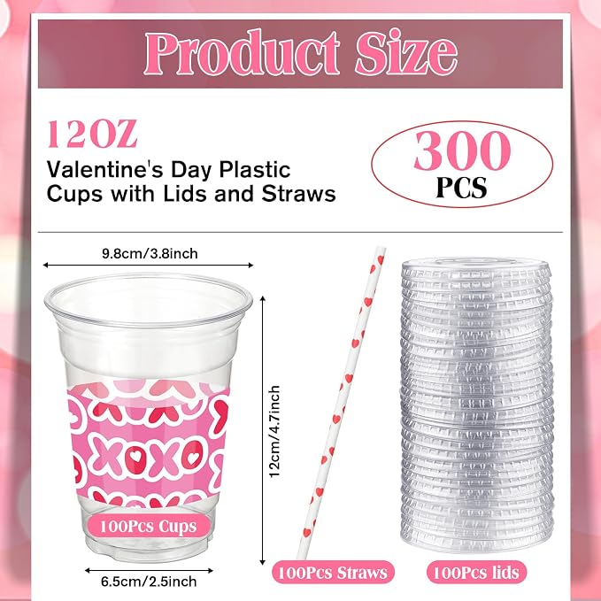 Yaomiao 300 Pcs 12 oz Valentine's Day Plastic Party Cups with Lids and Straw Valentine's Day Plastic Cup Heart Disposable Clear Tumbler Red Pink Disposable Drinking Set for Party Supply