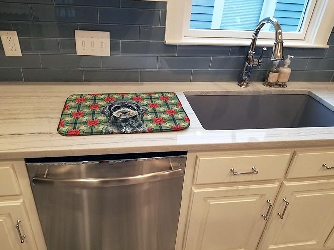 Caroline's Treasures Miniature Black Poodle Christmas PoinsettIas Dish Drying Mat Absorbent Dish Drying Mat Pad for Kitchen Counter Dish Drainer Mat for Countertop, 14 x 21", Multicolor