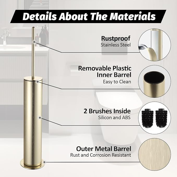 BGL Toilet Brush with Holder Set Brushed Gold Aluminium Standing for Bathroom Toilet Bowl Cleaner Brush and Holder Set, Round Design