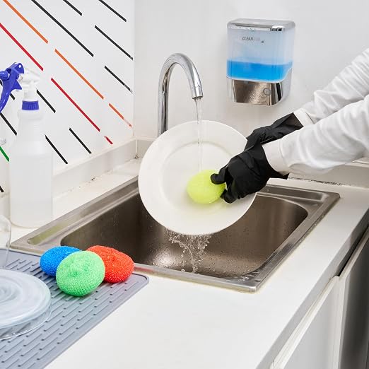Restaurantware Plastic Dish Scrubbers 40 Pack 2.95 x 2.95 x 0.98 Inches Durable Non-Scratch Scrubbers Plastic Mesh Cleaning Pads Easy Grip Assorted Colors for Multi-Surface Cleaning