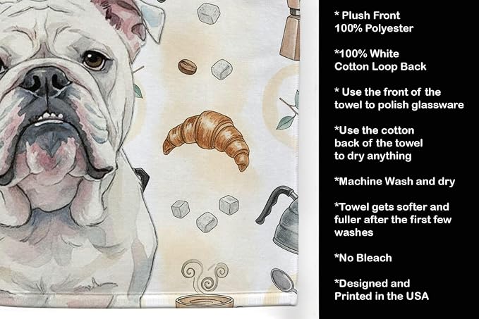 Caroline's Treasures White English Bulldog Coffee Bar Kitchen Towel Velour Plush Front and Cotton Loop Back Machine Washable