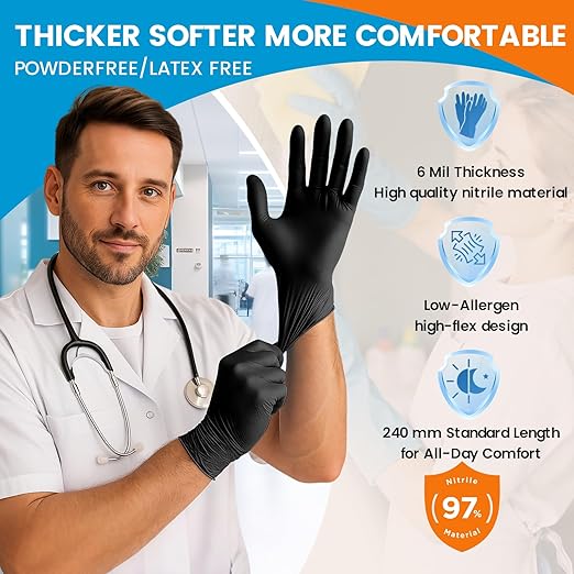 ANBOSON Nitrile Gloves ASTM D6319 - Food Handling - Powder Free and Latex Free 6 Mil Thickness Disposable Gloves for Food Preparation, Cooking, Baking, Grilling - Large, Black of 100 Pcs
