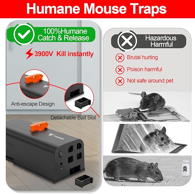 Mouse Traps Indoor for Home,Reusable Electric Humane Rat Trap with Upgraded Anti-Escape Design,Instantly Kill Rodent Zapper with Powerful Voltage,Effective Work for Mice in Living Room,Kitchen,Attic