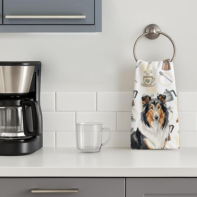 Caroline's Treasures Tricolor Collie Coffee Bar Kitchen Towel Velour Plush Front and Cotton Loop Back Machine Washable