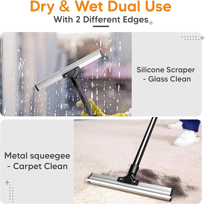 Dual Side Pet Hair Remover, Adjustable Carpet Rake Hair Removal Tool with Copper Serrated & Silicone Edge, Reusable Dog Cat Hair Remover Broom for Embedded Fur Removal from Carpet