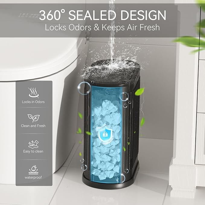 Stainless Steel Bathroom Trash Can and Toilet Brush Set,1.6 Gallon Small Trash Bin with Press Type Lid, Black Bathroom Sets with Shower Curtain and Liner for Bathroom