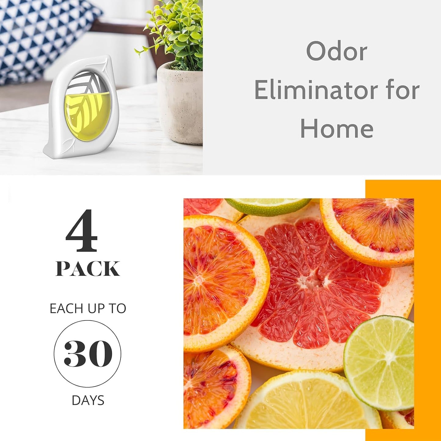 Air Freshener for Home, 4 Pack, Citrus, Odor Eliminator for Small Area Closets Bathroom Pets Strong Odor, Up to 120 Days
