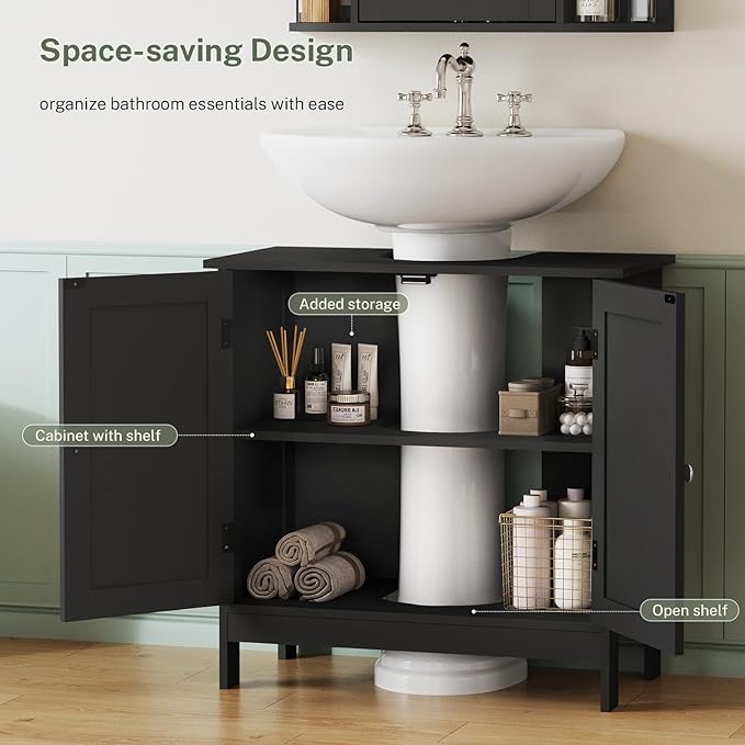 TEENFON Pedestal Sink Storage Cabinet, Under Sink Cabinet with 2 Doors & Shelf, Under Bathroom Sink Cabinet, Pedestal Sink Storage for Bathroom, Black