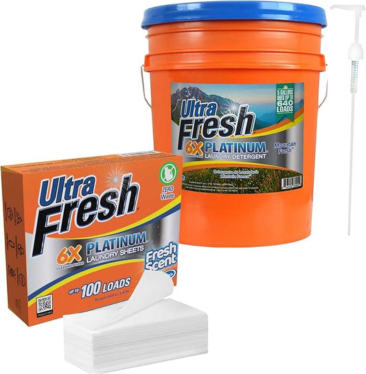 Ultra Fresh 6X Platinum 5 Gal Laundry Detergent, Mountain Fresh Bundled with Platinum 6X Laundry Detergent Sheets with Fresh Scent