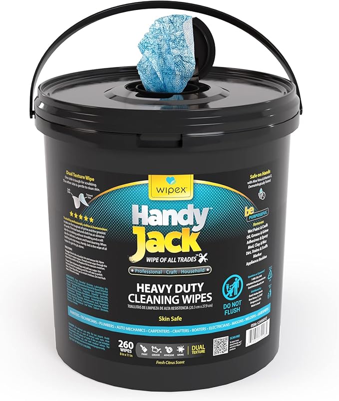 Wipex Handy Jack Heavy Duty Wipes, Dual Texture Cleaning Cloth, Use on Hands, Equipment, Tools - Removes Paint, Adhesives, Oil, Grease, & Dirt, Bulk Size, 260 Count (Pack of 1)