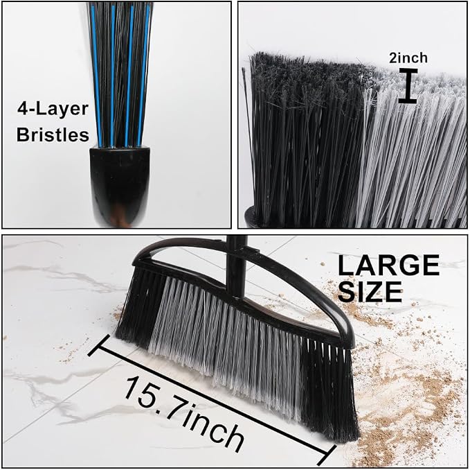 Heavy Duty Outdoor Broom - 15.7" Wide Broom with Long Adjustable Handle & Stiff Bristles for Patio, Garage, Yard, Garden (Black)