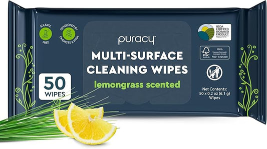 Puracy All-Purpose Cleaning Wipes – Non Toxic All Purpose Cleaner for Grease & Grime, Appliance Wipes, Lemongrass Scent (10.8 oz, 1 Pack, 50 Count)