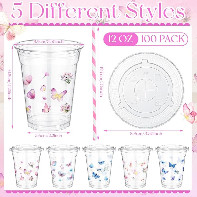 FoldTier 100 Pack Butterfly Plastic Cups with Lids and Straws 12 oz, Disposable Fairy Drinking Cups Clear for Birthday Wedding Party, Baby Shower, Bridal Shower Party Decorations