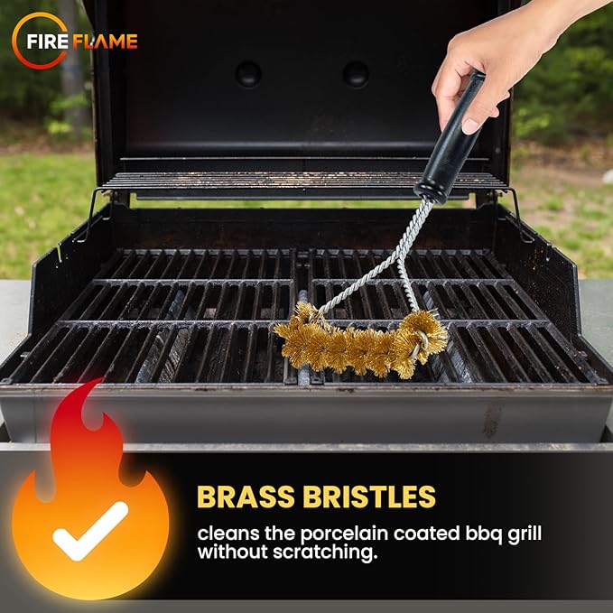 Fireflame BBQ Grill Brush – Non-Scratch Brass Bristles - 12-Inch Long Handle Barbecue Grill Cleaning Brush - Wide-Faced Spiral Heavy-Duty – Made in The USA