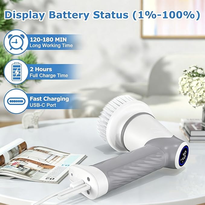 DAESUNG Electric Spin Scrubber, New Electric Bathroom Brush with 6 Replaceable Heads, Power Scrubber with LED Display, Electric Scrubbers for Cleaning Shower, Tile, Grout, Sink