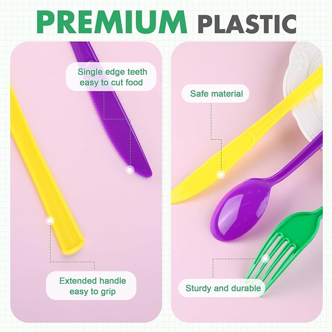 Kochorie 300 Pieces Mardi Gras Plastic Silverware, Disposable Plastic Masquerade Utensils Heavy Duty Cutlery Set Include Spoons Forks Knives for Carnival Birthday Mardi Gras Party, Purple Yellow Green