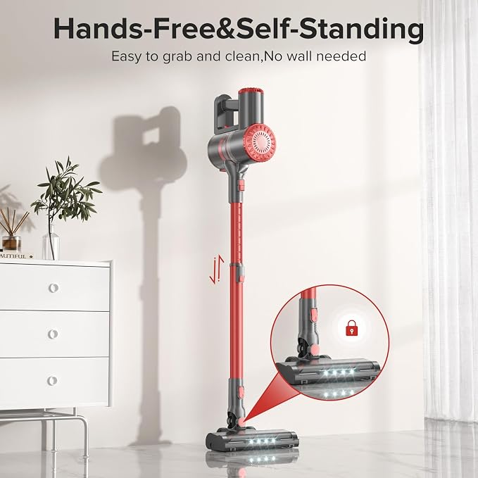 Tipdiy Cordless Vacuum Cleaner with Self-Standing, [Optimized Noise Reduction] 40KPA 8-in-1 Lightweight Rechargeable Stick Vacuum, 7-Layer Filtration,Ideal for Carpet, Pet Hair, Hardwood Floors