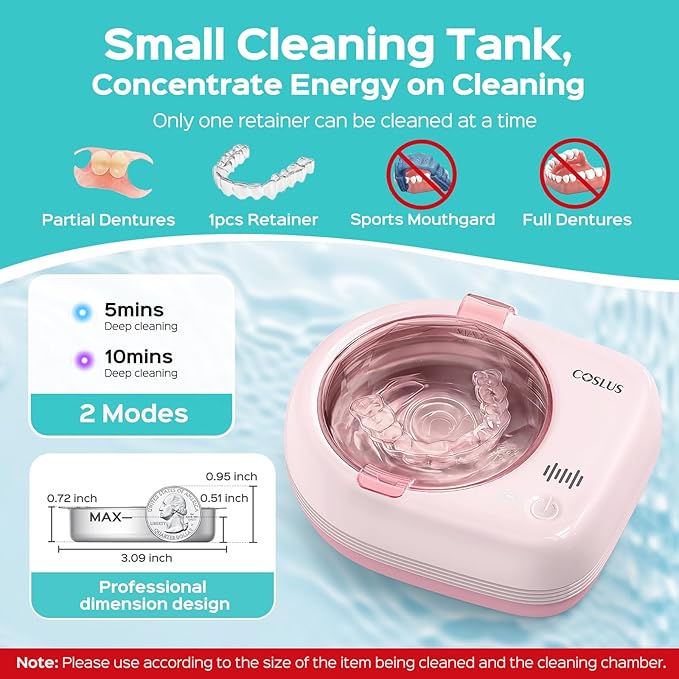 COSLUS C50 Sonic Retainer Cleaner Machine: Cordless Professional Dental Cleaning Pod for Retainer, Aligner, Night Guard Deep Cleaning - Rechargeable Mini Travel Design, Quiet for Home Use with Timer