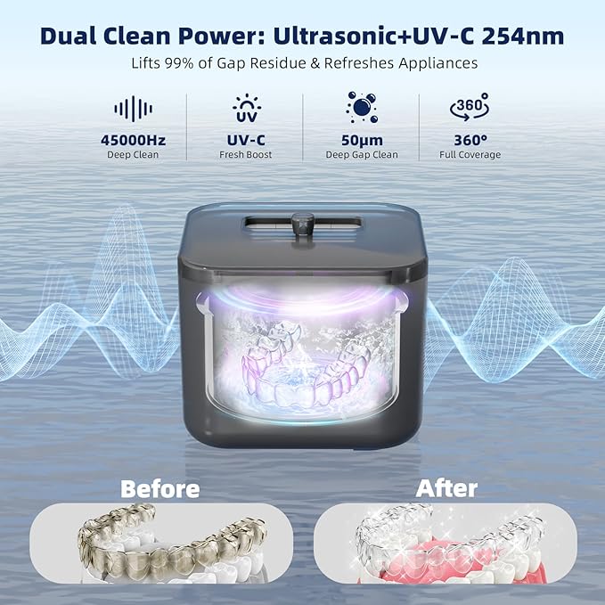 Ultrasonic Retainer Cleaner Machine, Denture Cleaner for Aligners Night Guards Braces Mouth Guards Toothbrush Heads，All-in-One Dental & Jewelry Cleaner, 45kHz 200ML, Dual Modes