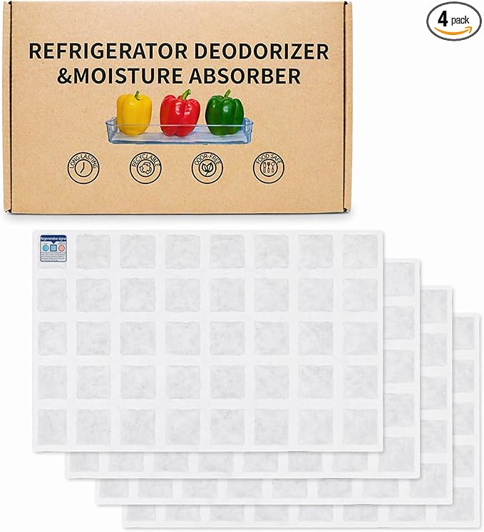 Rechargeable Refrigerator Deodorizer, Unscented Fridge Deodorizer & Moisture Absorber, Odor Eliminator for Fridge & Freezer, Long-Lasting Cut-to-Fit Fridge Shelf Liner (11.8×19.3 in, 4 Pack)