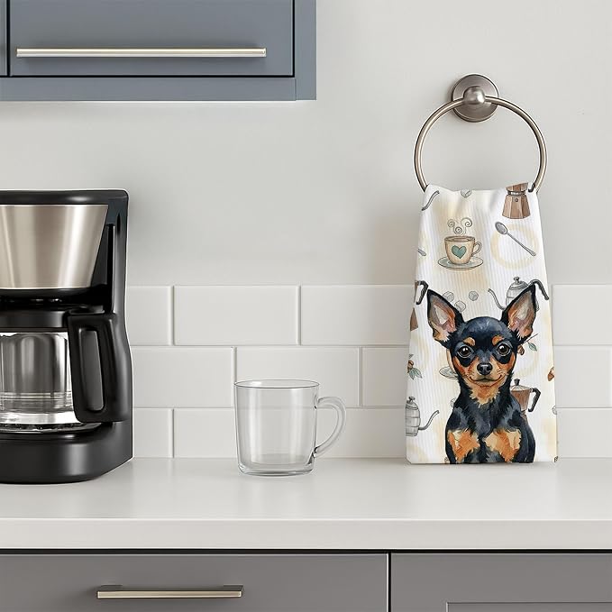 Caroline's Treasures Black and Tan Russian Toy Coffee Bar Kitchen Towel Velour Plush Front and Cotton Loop Back Machine Washable